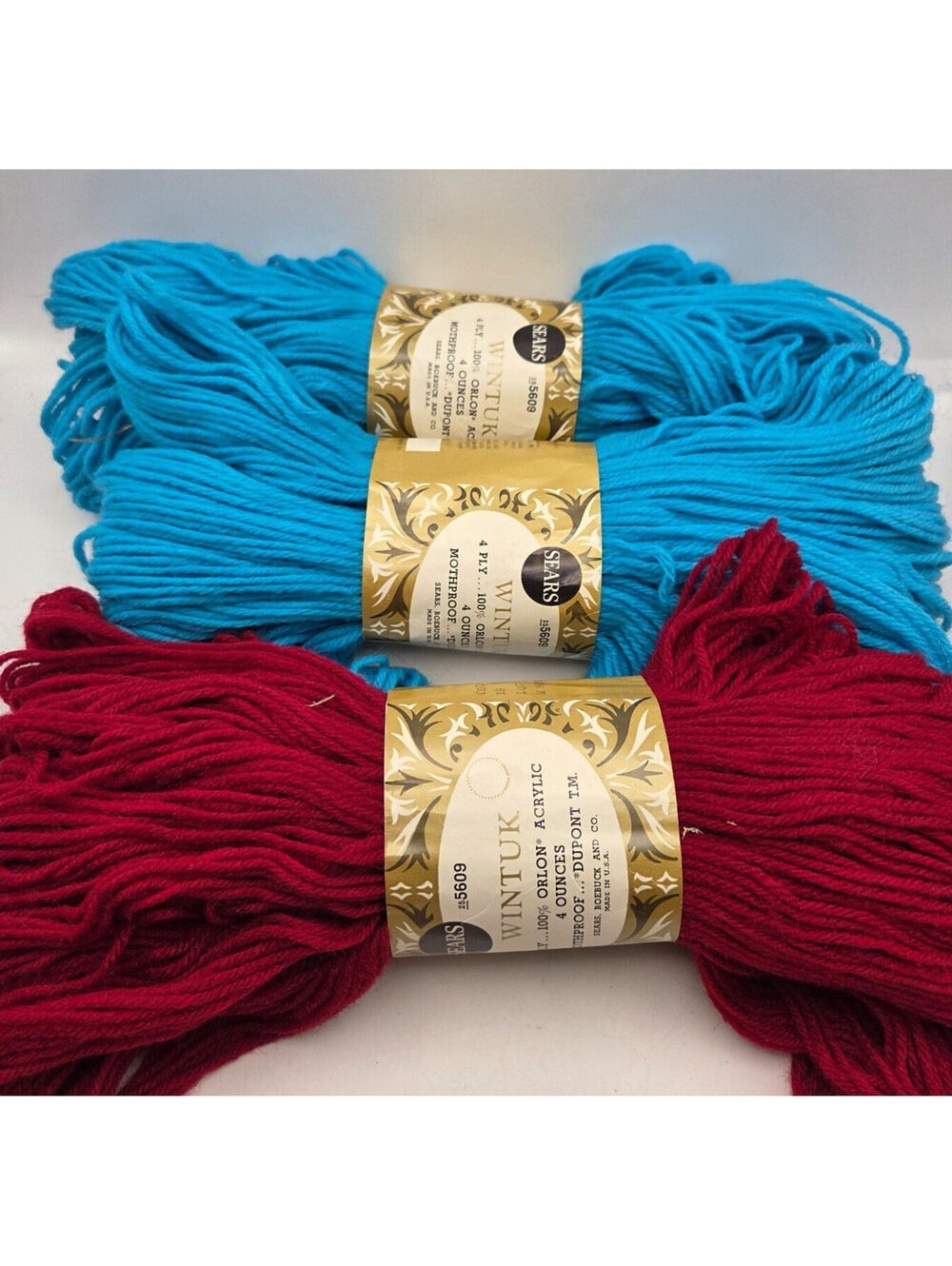 Vintage Sears Wintuk Yarn Lot of 3 Skeins 100% Orlon Acrylic 4 Ply USA Colors 19